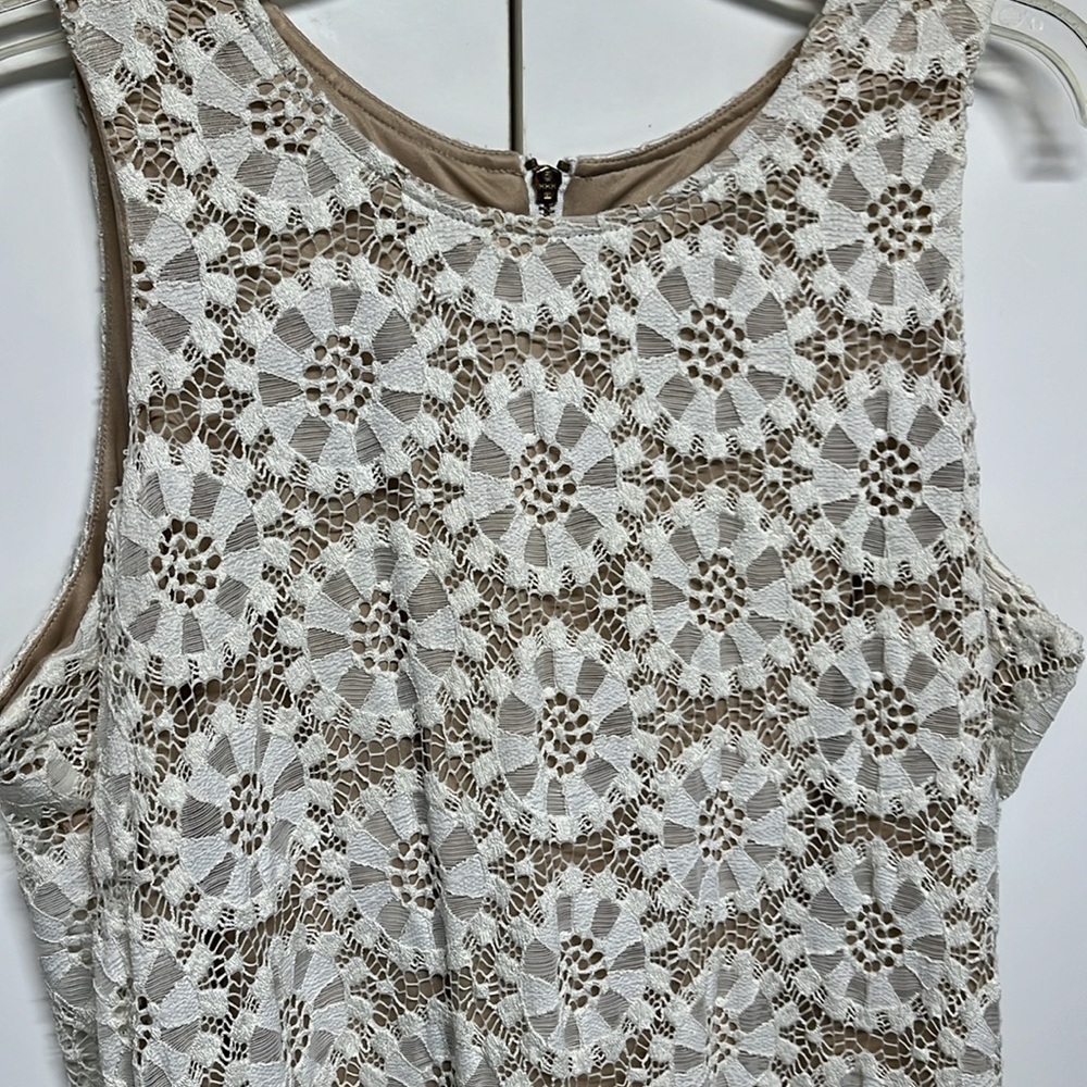 Ronni Nicole Lace Overlay Dress Cream Tan Sleeveless Sheath Timeless Formal - Picture 7 of 10